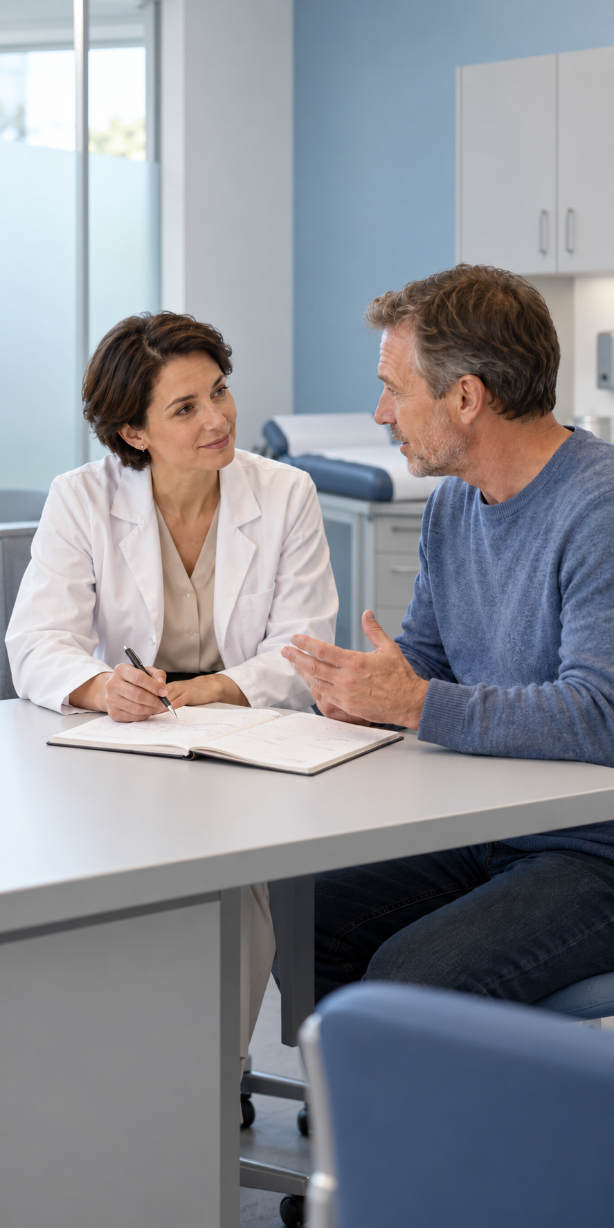 Patient-reported outcomes in clinical management Clinician listening to a patient discuss his symptoms with a paper diary in a blue consultation room