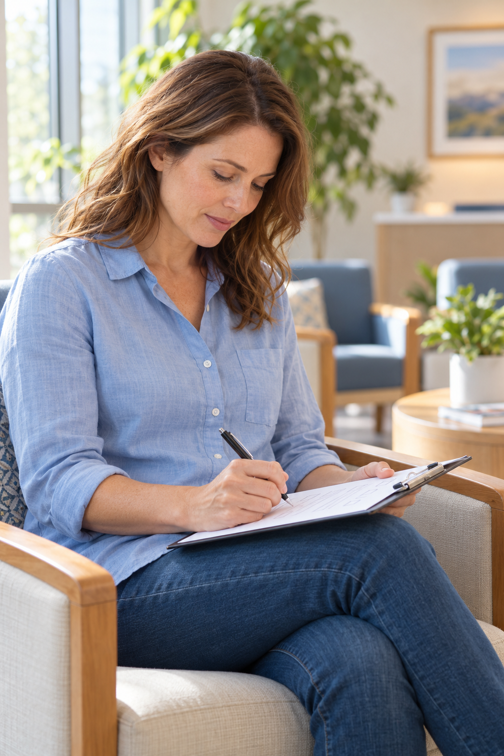 Patient-reported outcomes: completing a paper questionnaire Woman completing a paper questionnaire about her health and wellbeing