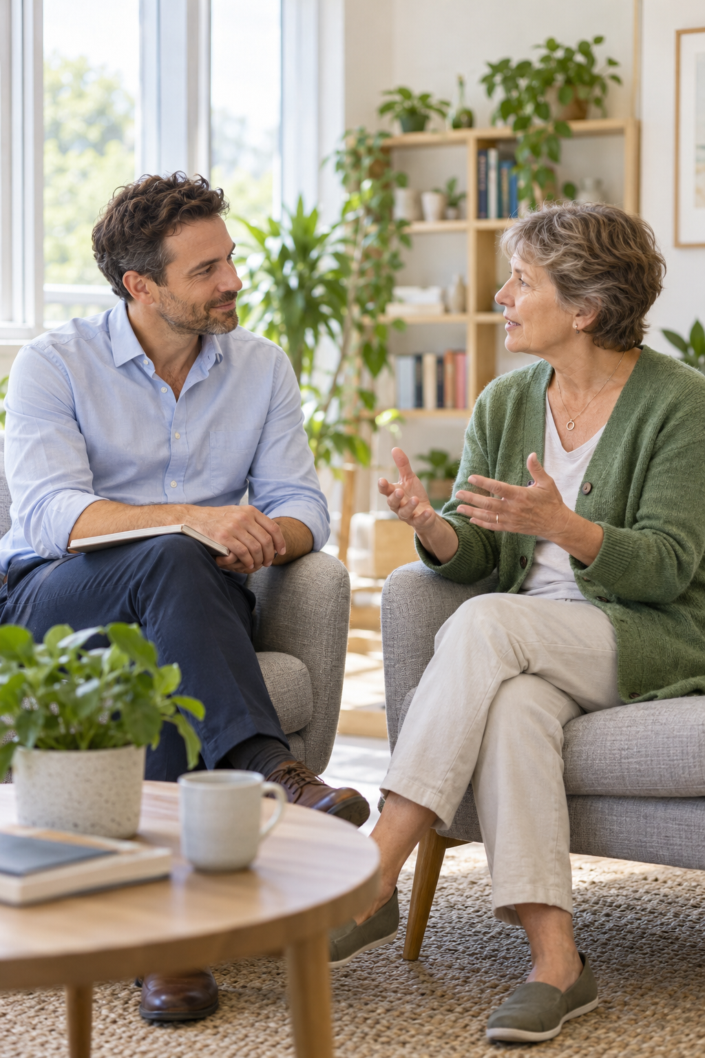 Researcher listening to a patient representative during a face-to-face discussion